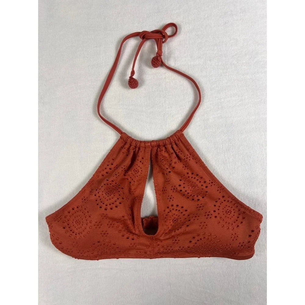 Aerie Bikini Top Wm Sm Orange High Neck Keyhole Eyelet Pom Pom Halter Preppy Y2K